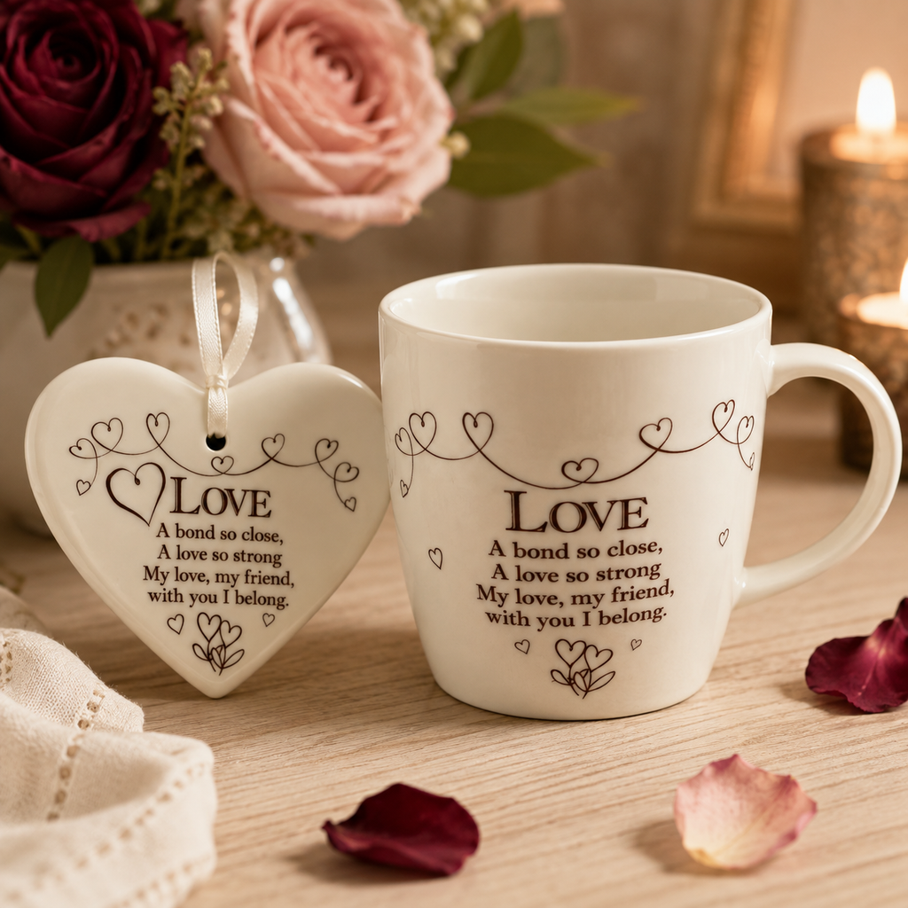 'Love' Mug and ceramic heart plaque gift box