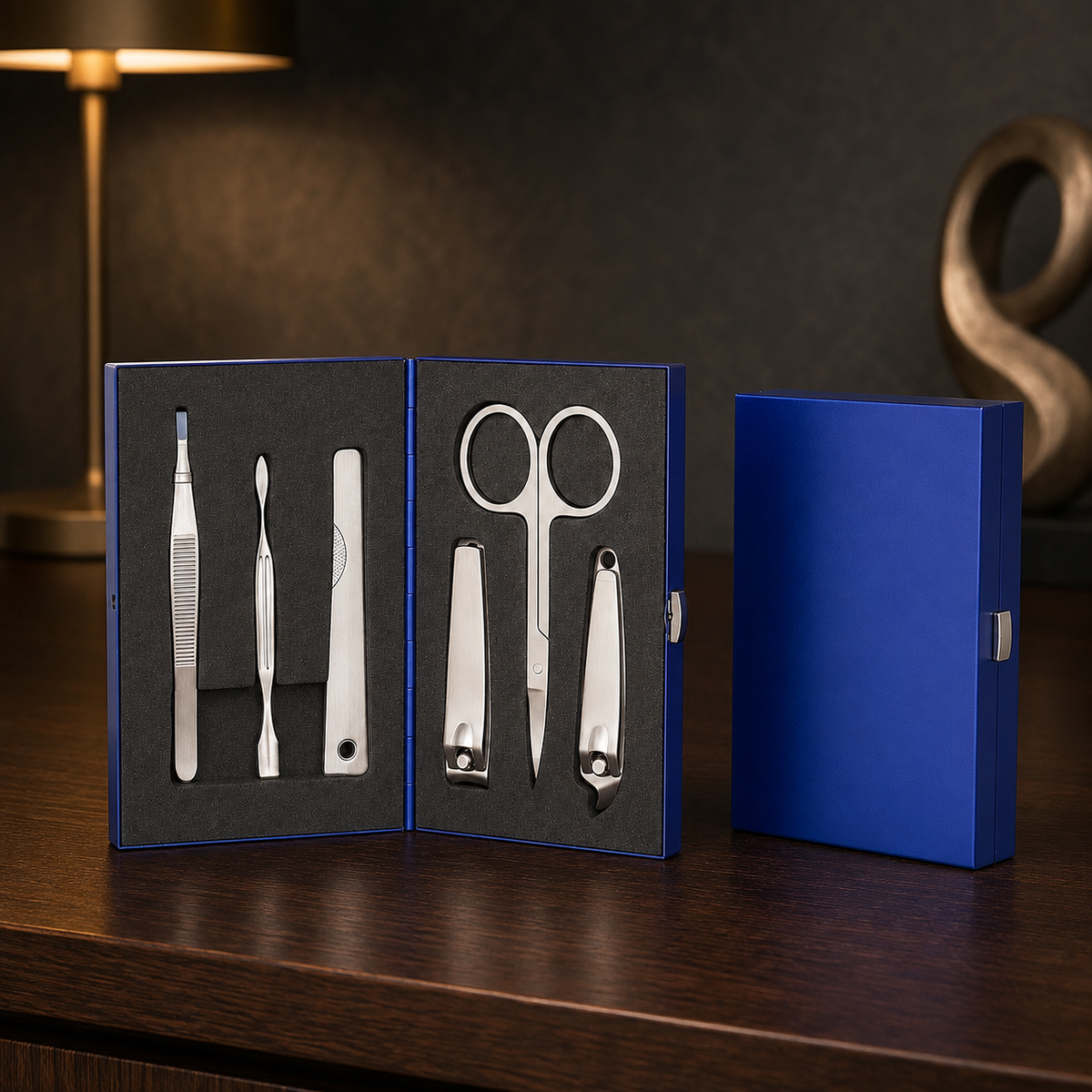 Pocket manicure set in stylish blue metal case