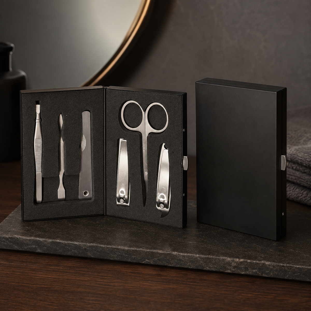 Pocket manicure set in stylish black metal case