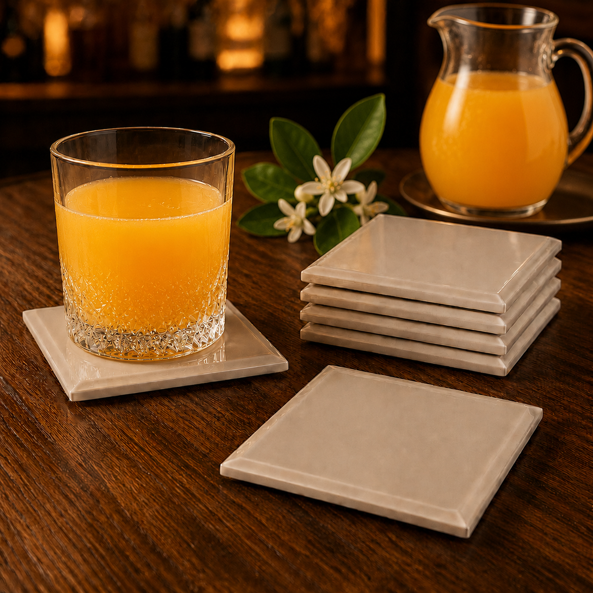 Set of 6 sand coloured ceramic coasters