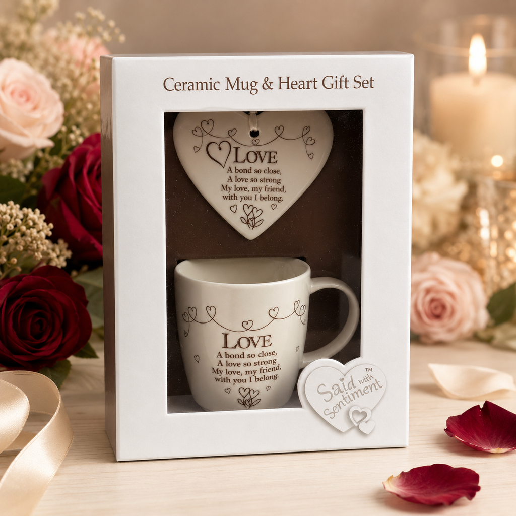 'Love' Mug and ceramic heart plaque gift box